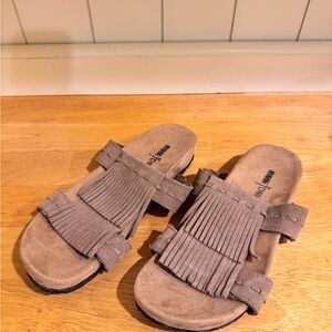 Women’s Minnetonka Taupe Fringe Slide Sandals